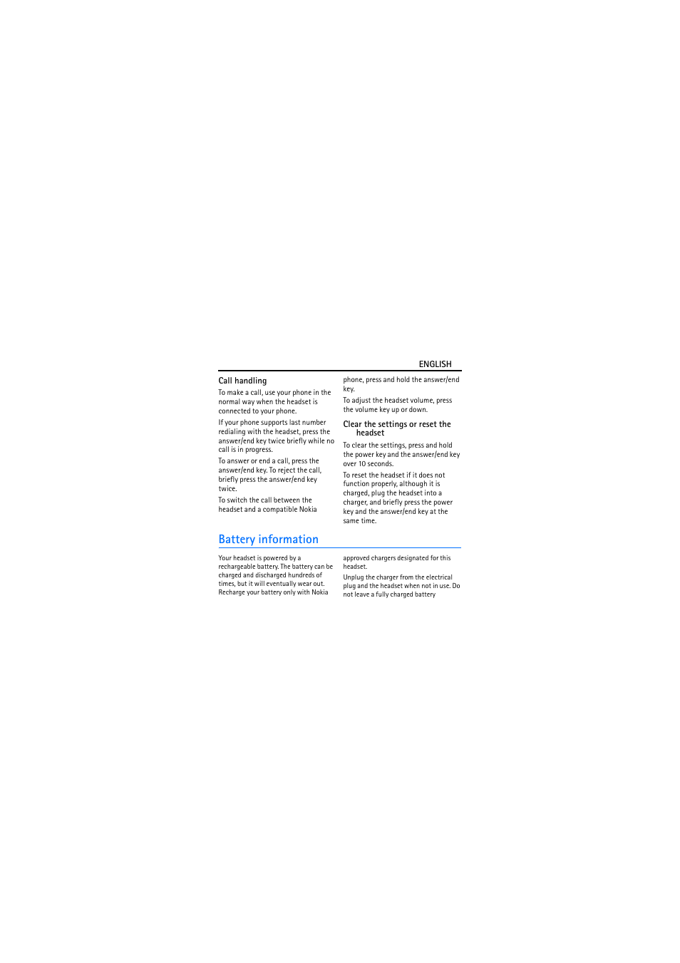 Call handling, Clear the settings or reset the headset, Battery information | Nokia BH-301 User Manual | Page 7 / 46
