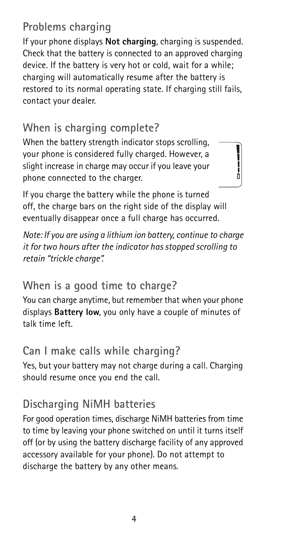 Problems charging, When is charging complete, When is a good time to charge | Can i make calls while charging, Discharging nimh batteries | Nokia 5180i User Manual | Page 11 / 97