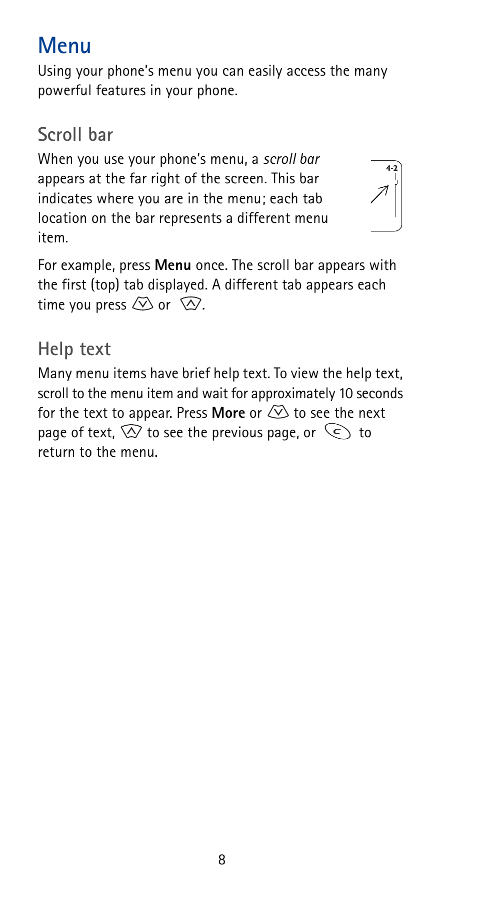 Menu, Scroll bar, Help text | Nokia 5180i User Manual | Page 15 / 97