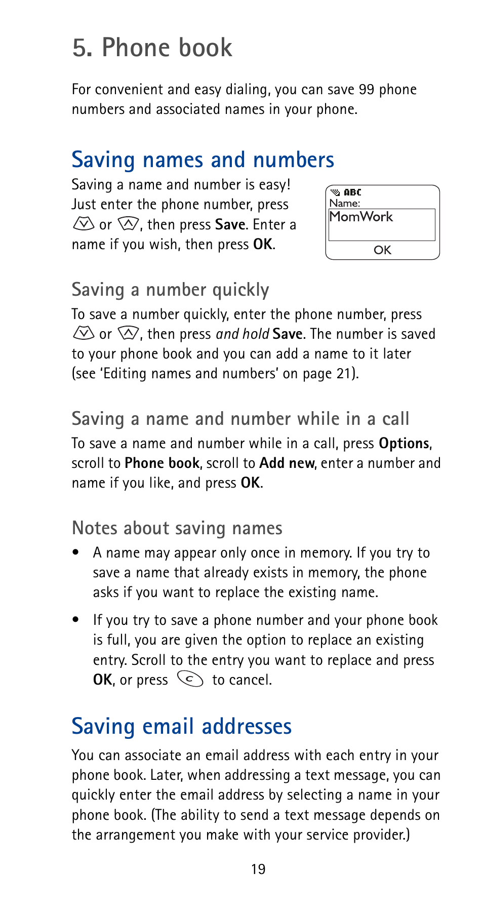Phone book, Saving names and numbers, Saving email addresses | Nokia 5180i User Manual | Page 26 / 97