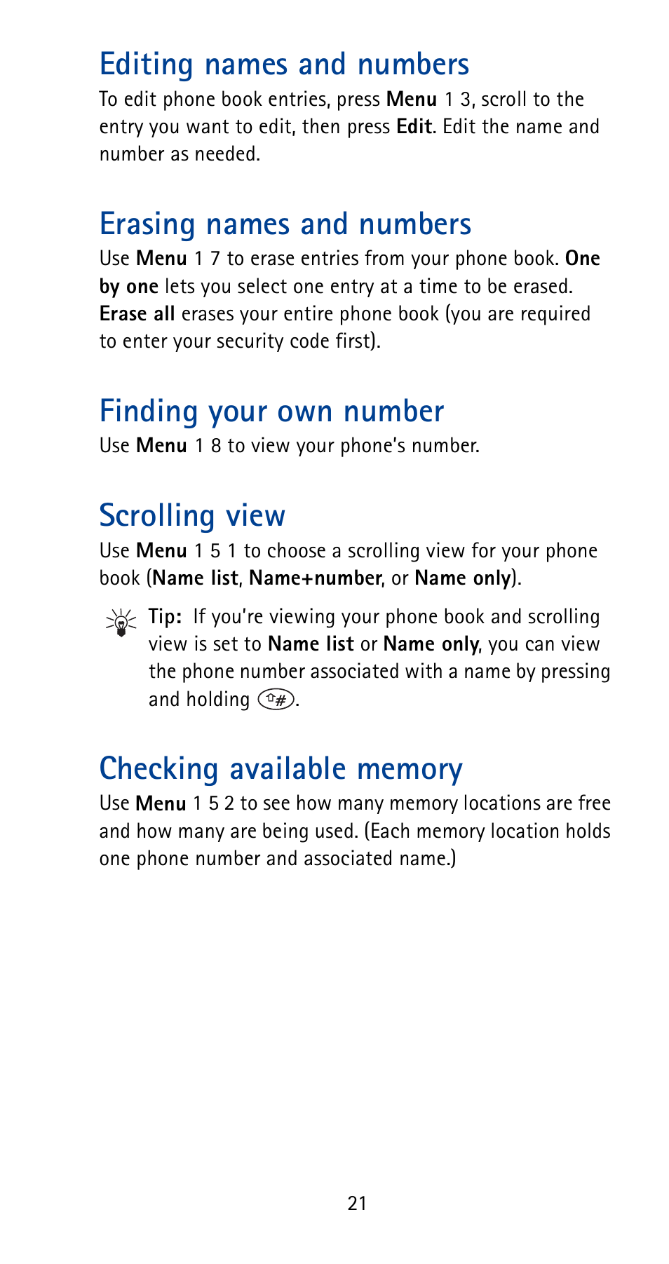 Editing names and numbers, Erasing names and numbers, Finding your own number | Scrolling view, Checking available memory | Nokia 5180i User Manual | Page 28 / 97