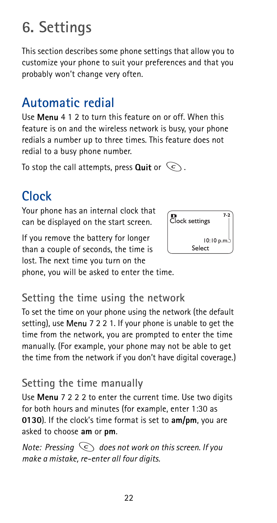 Settings, Automatic redial, Clock | Nokia 5180i User Manual | Page 29 / 97