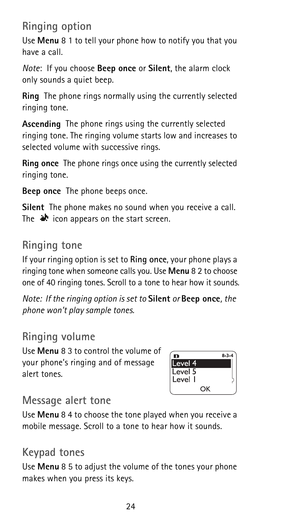 Ringing option, Ringing tone, Ringing volume | Message alert tone, Keypad tones | Nokia 5180i User Manual | Page 31 / 97