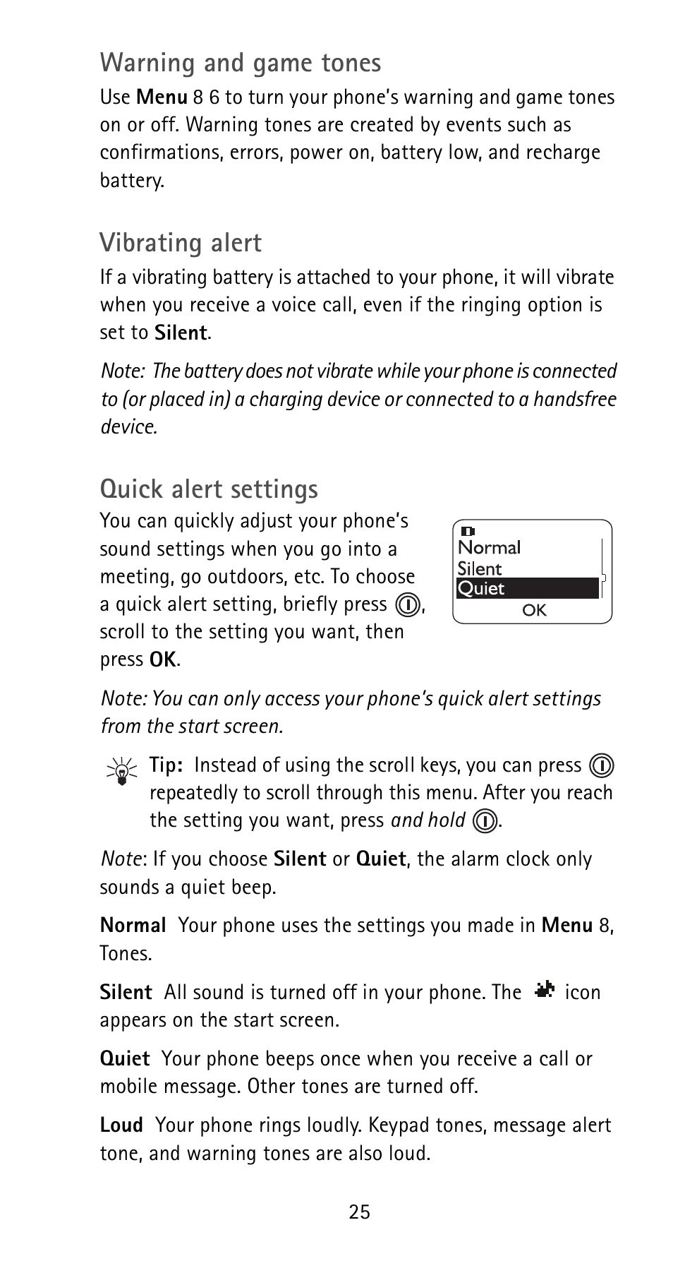 Quick alert settings, Warning and game tones, Vibrating alert | Nokia 5180i User Manual | Page 32 / 97