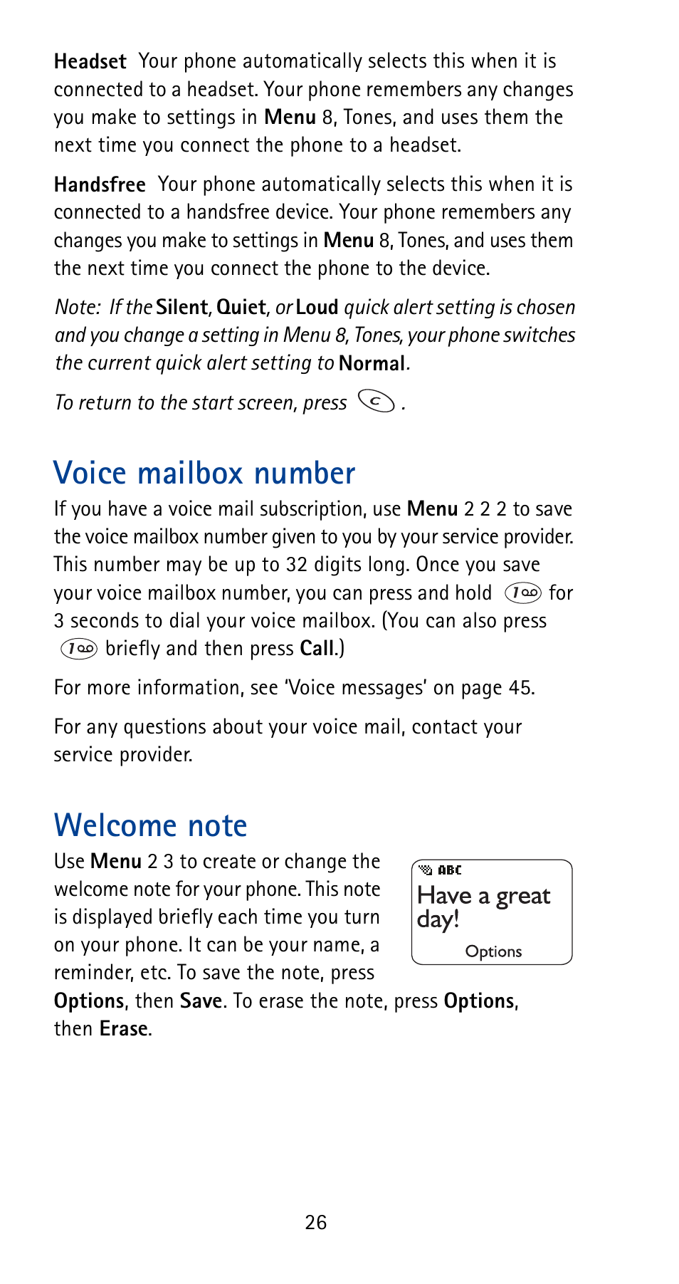 Voice mailbox number, Welcome note, See p. 26 | Nokia 5180i User Manual | Page 33 / 97