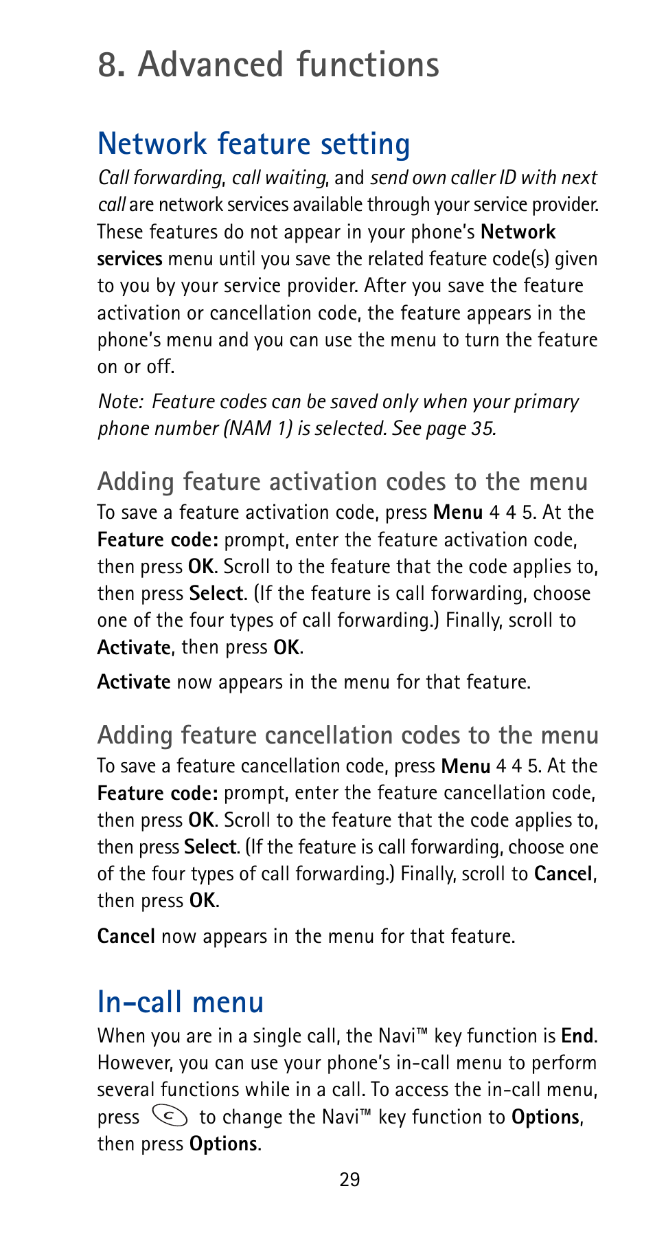 Advanced functions, Network feature setting, Adding feature activation codes to the menu | Adding feature cancellation codes to the menu, In-call menu, See ‘in-call menu | Nokia 5180i User Manual | Page 36 / 97