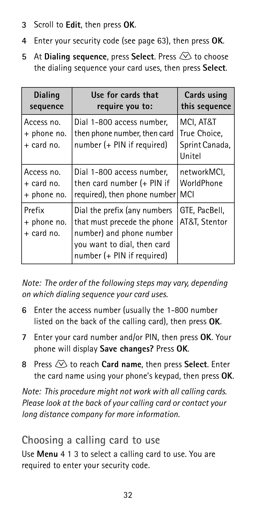 Choosing a calling card to use | Nokia 5180i User Manual | Page 39 / 97