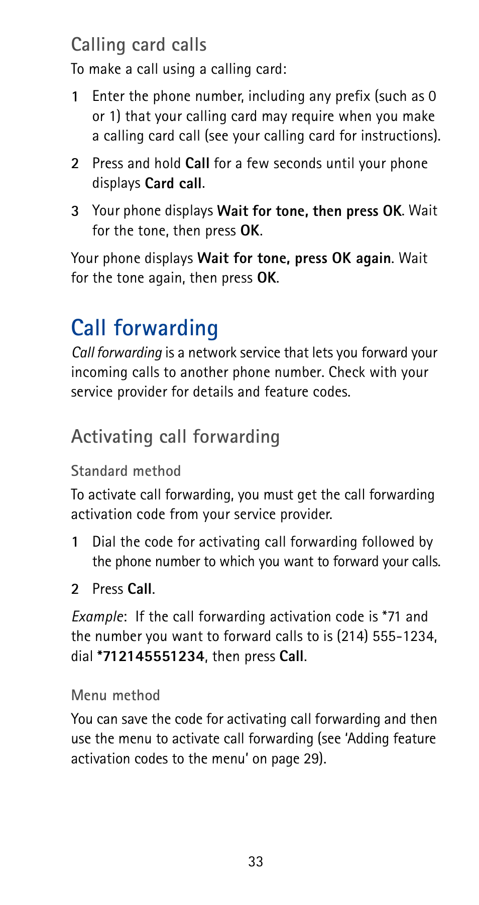 Call forwarding, Calling card calls, Activating call forwarding | Nokia 5180i User Manual | Page 40 / 97