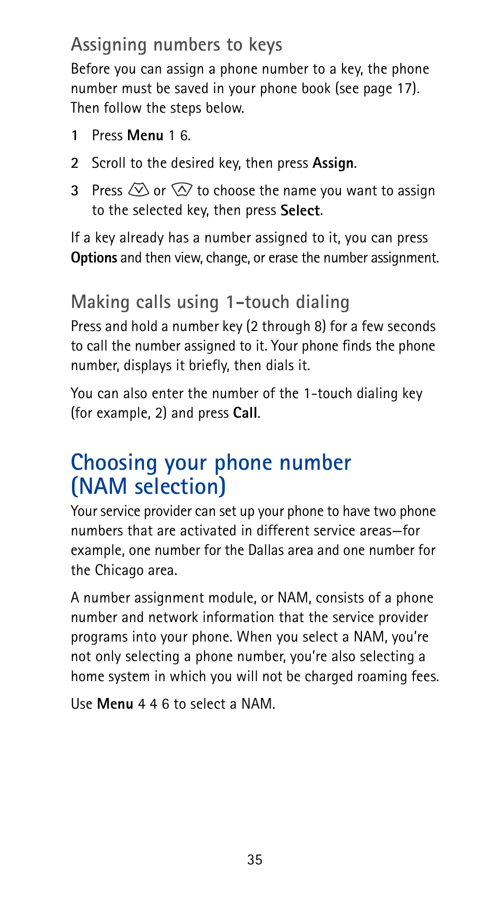 Choosing your phone number (namselection), Choosing your phone number (nam selection), Assigning numbers to keys | Making calls using 1-touch dialing | Nokia 5180i User Manual | Page 42 / 97