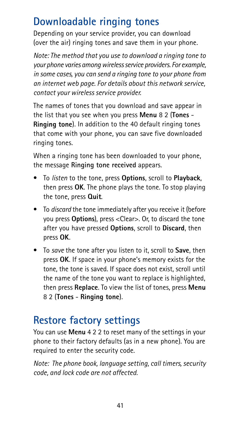 Downloadable ringing tones, Restore factory settings | Nokia 5180i User Manual | Page 48 / 97