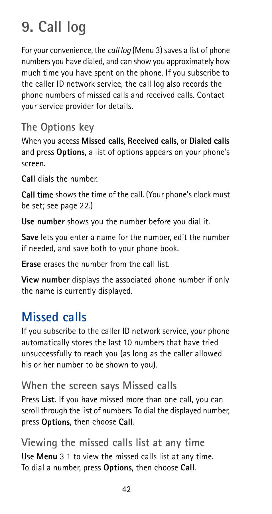 Call log, Missed calls | Nokia 5180i User Manual | Page 49 / 97