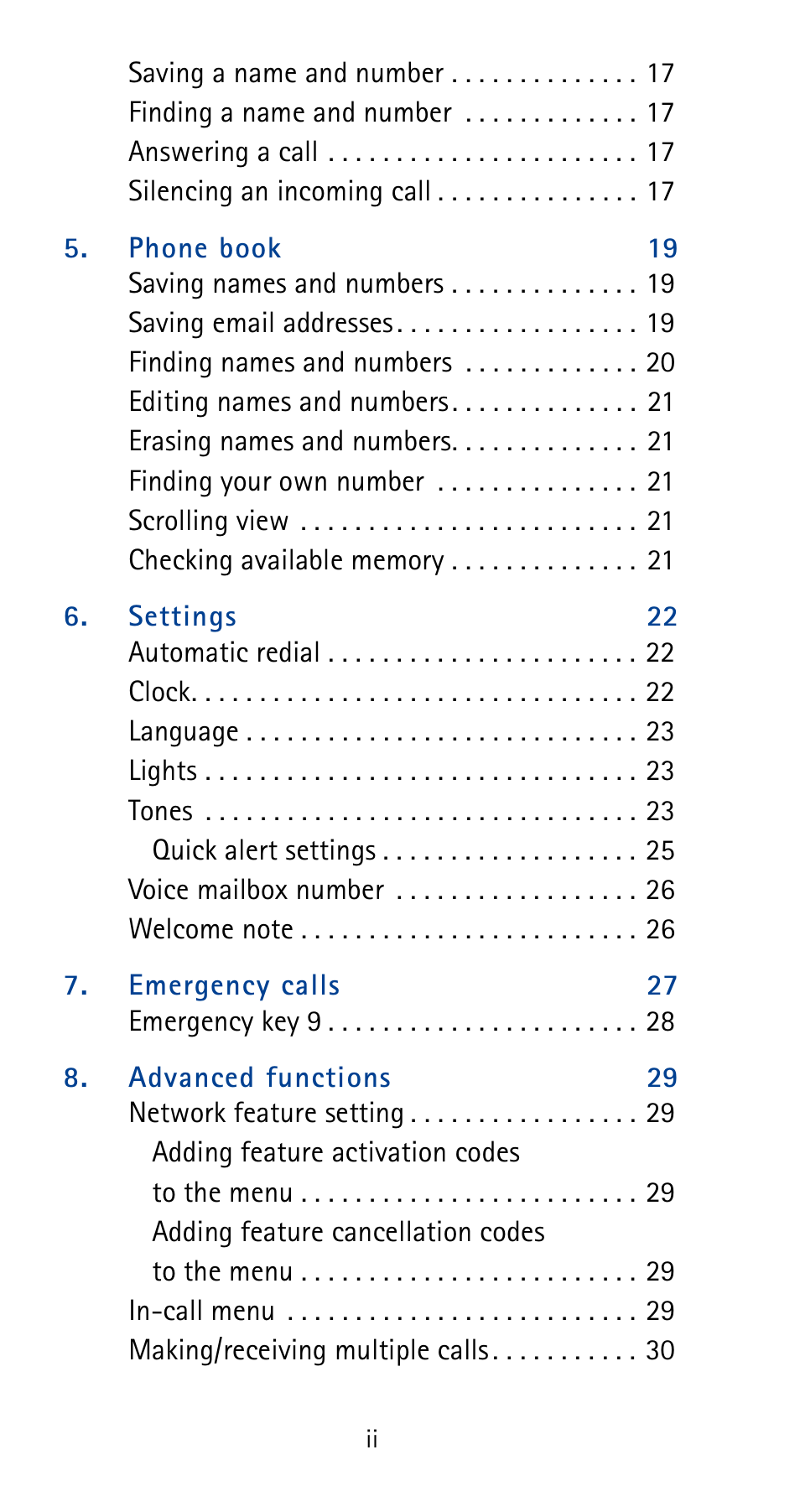 Phone book 19, Settings 22, Emergency calls 27 | Advanced functions 29 | Nokia 5180i User Manual | Page 5 / 97