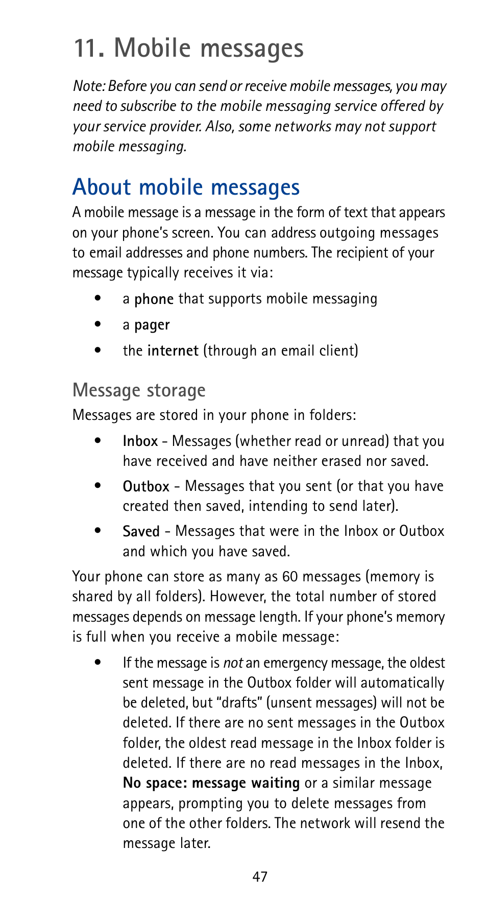 Mobile messages, About mobile messages, Message storage | Nokia 5180i User Manual | Page 54 / 97