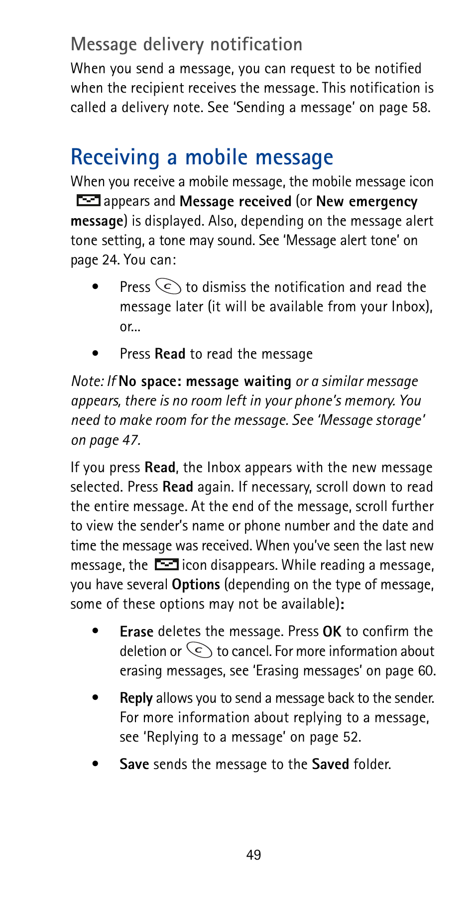 Receiving a mobile message, Message delivery notification | Nokia 5180i User Manual | Page 56 / 97