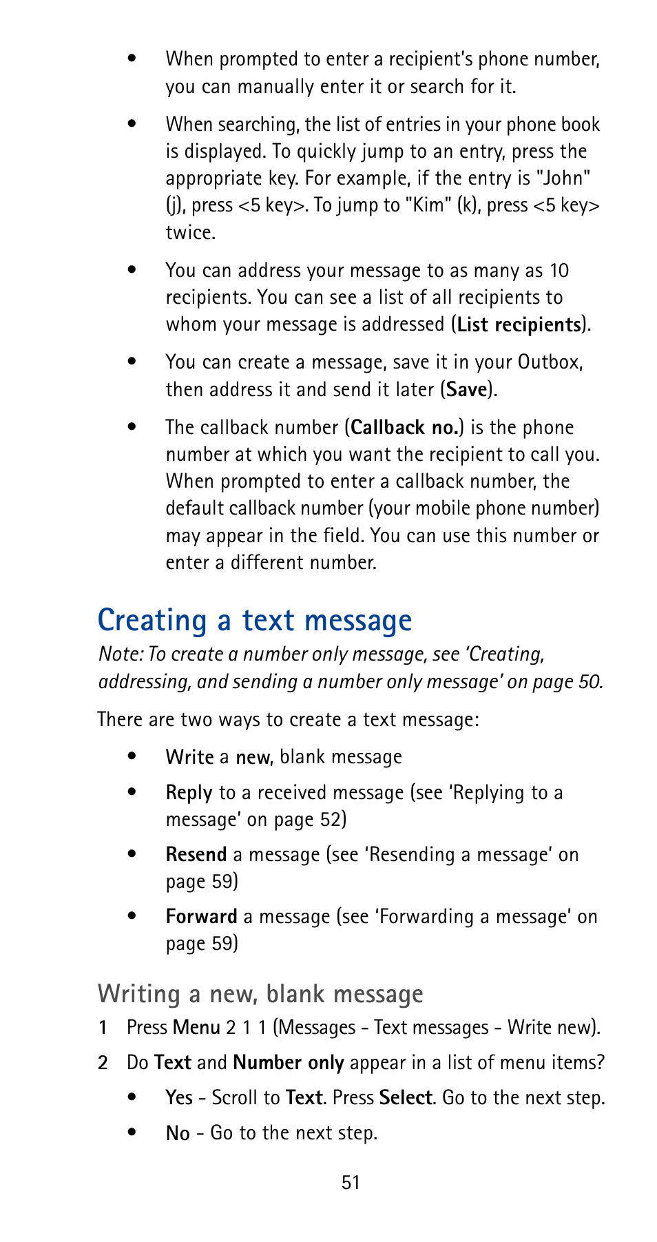 Creating a text message, Writing a new, blank message | Nokia 5180i User Manual | Page 58 / 97