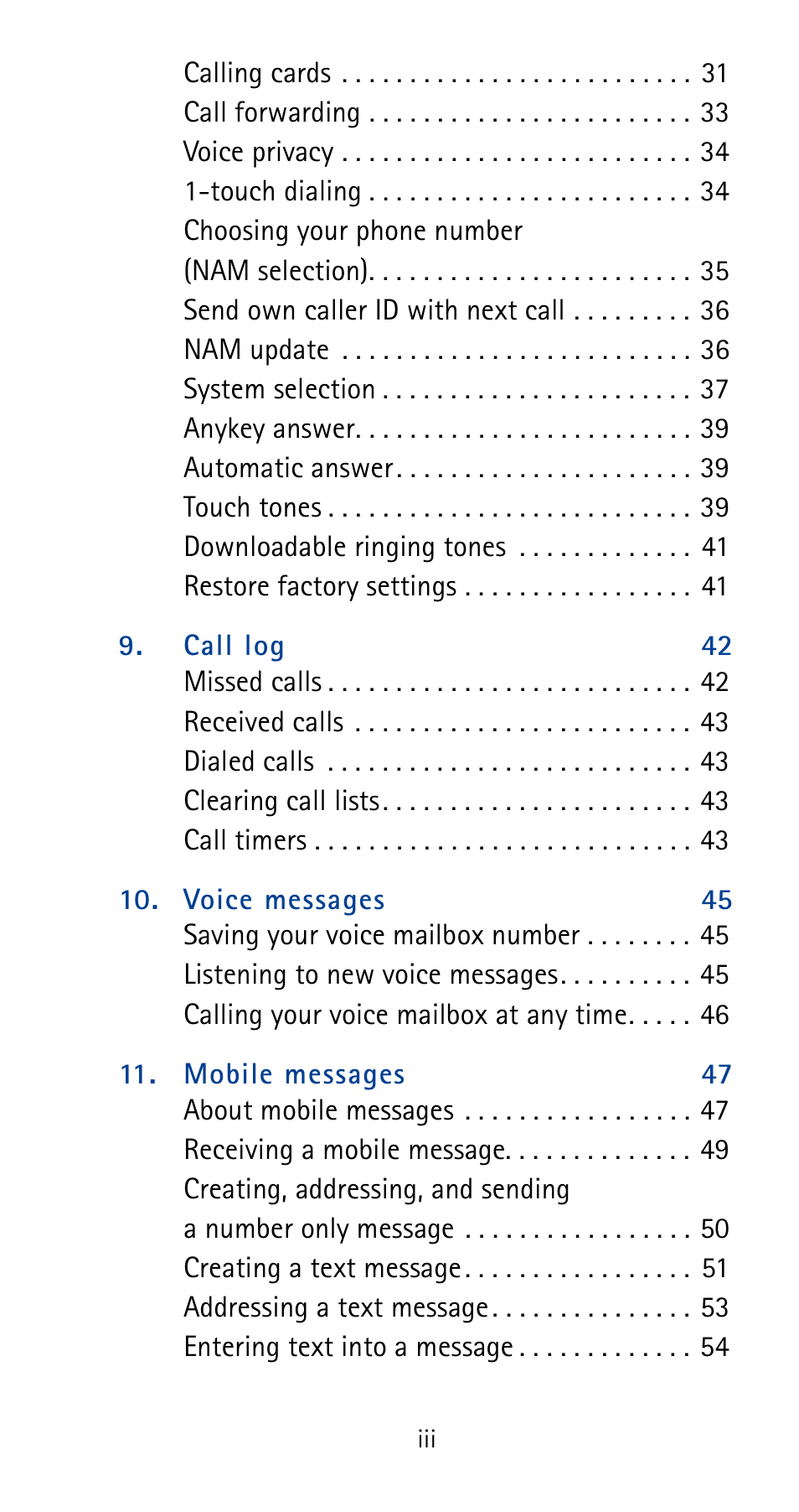 Call log 42, Voice messages 45, Mobile messages 47 | Nokia 5180i User Manual | Page 6 / 97