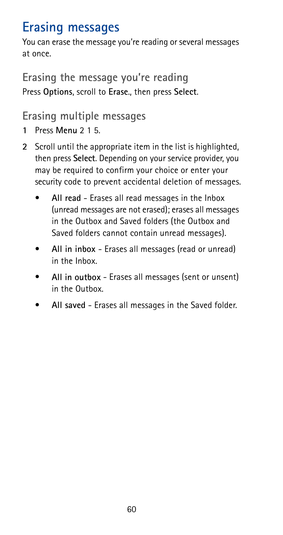 Erasing messages, Erasing the message you’re reading, Erasing multiple messages | Nokia 5180i User Manual | Page 67 / 97