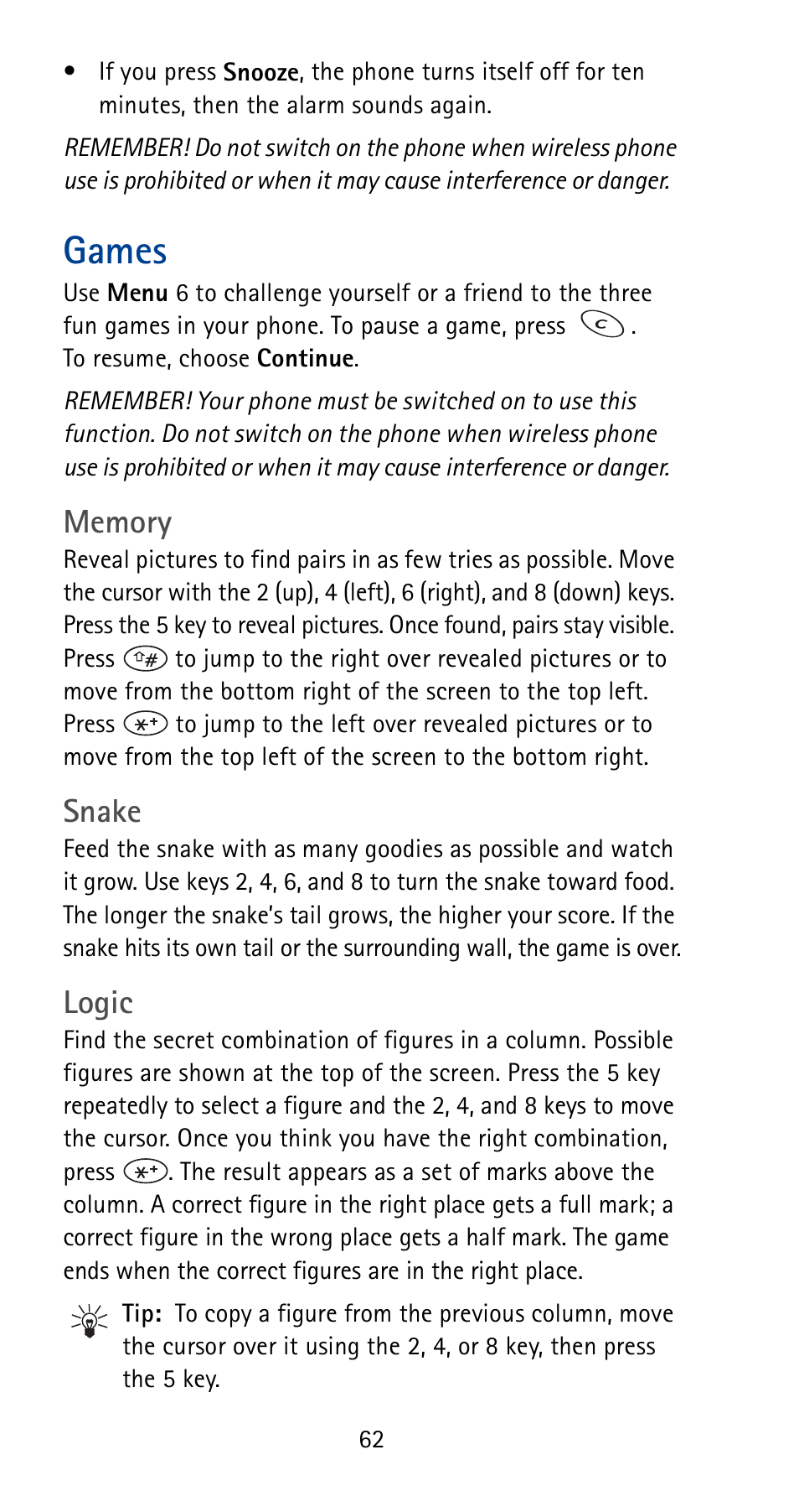 Games, Snake, Logic | Nokia 5180i User Manual | Page 69 / 97