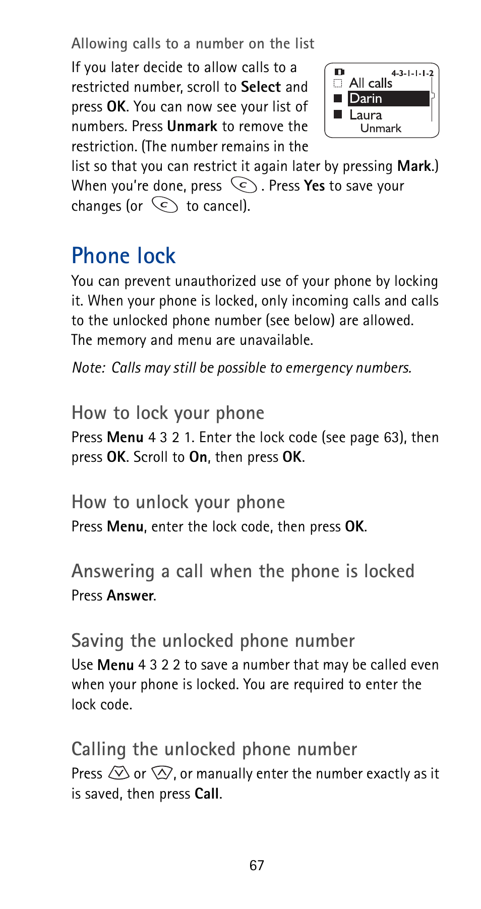 Phone lock, How to lock your phone, How to unlock your phone | Answering a call when the phone is locked, Saving the unlocked phone number, Calling the unlocked phone number | Nokia 5180i User Manual | Page 74 / 97