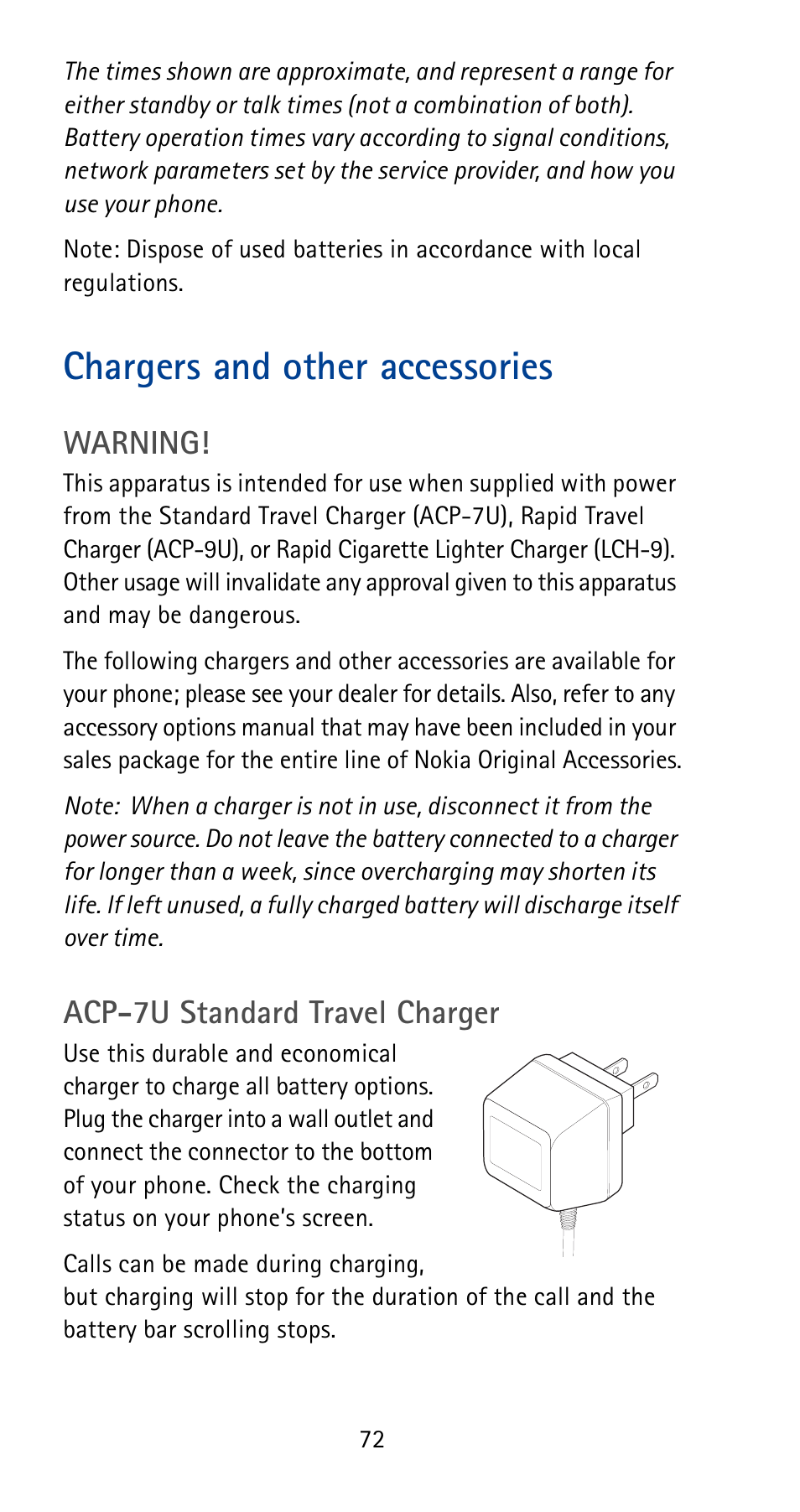 Chargers and other accessories, Warning, Acp-7u standard travel charger | Nokia 5180i User Manual | Page 79 / 97