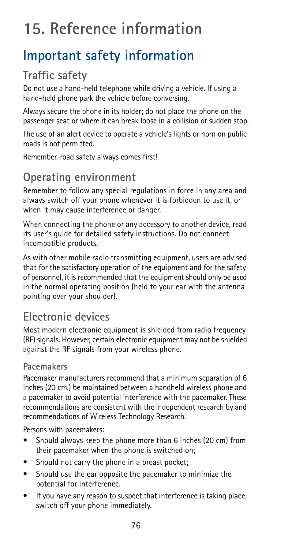 Reference information, Important safety information, Traffic safety | Operating environment, Electronic devices | Nokia 5180i User Manual | Page 83 / 97