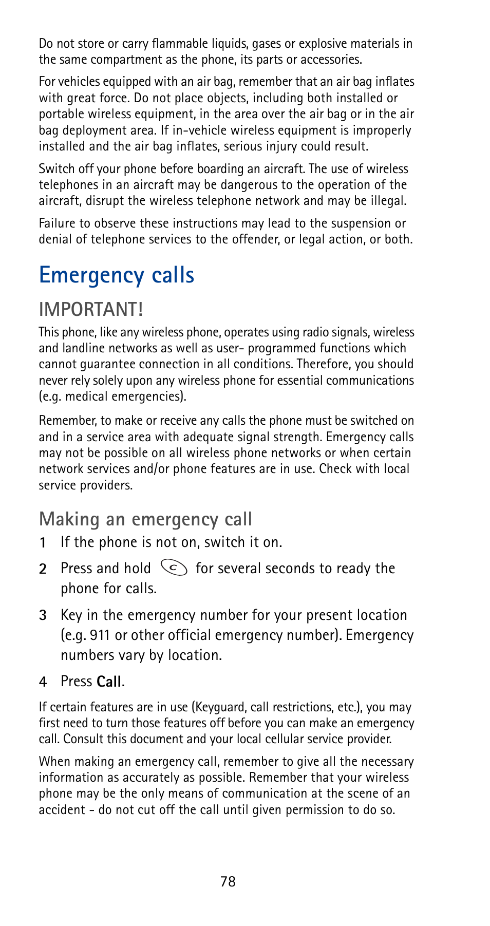 Emergency calls, Important, Making an emergency call | Nokia 5180i User Manual | Page 85 / 97
