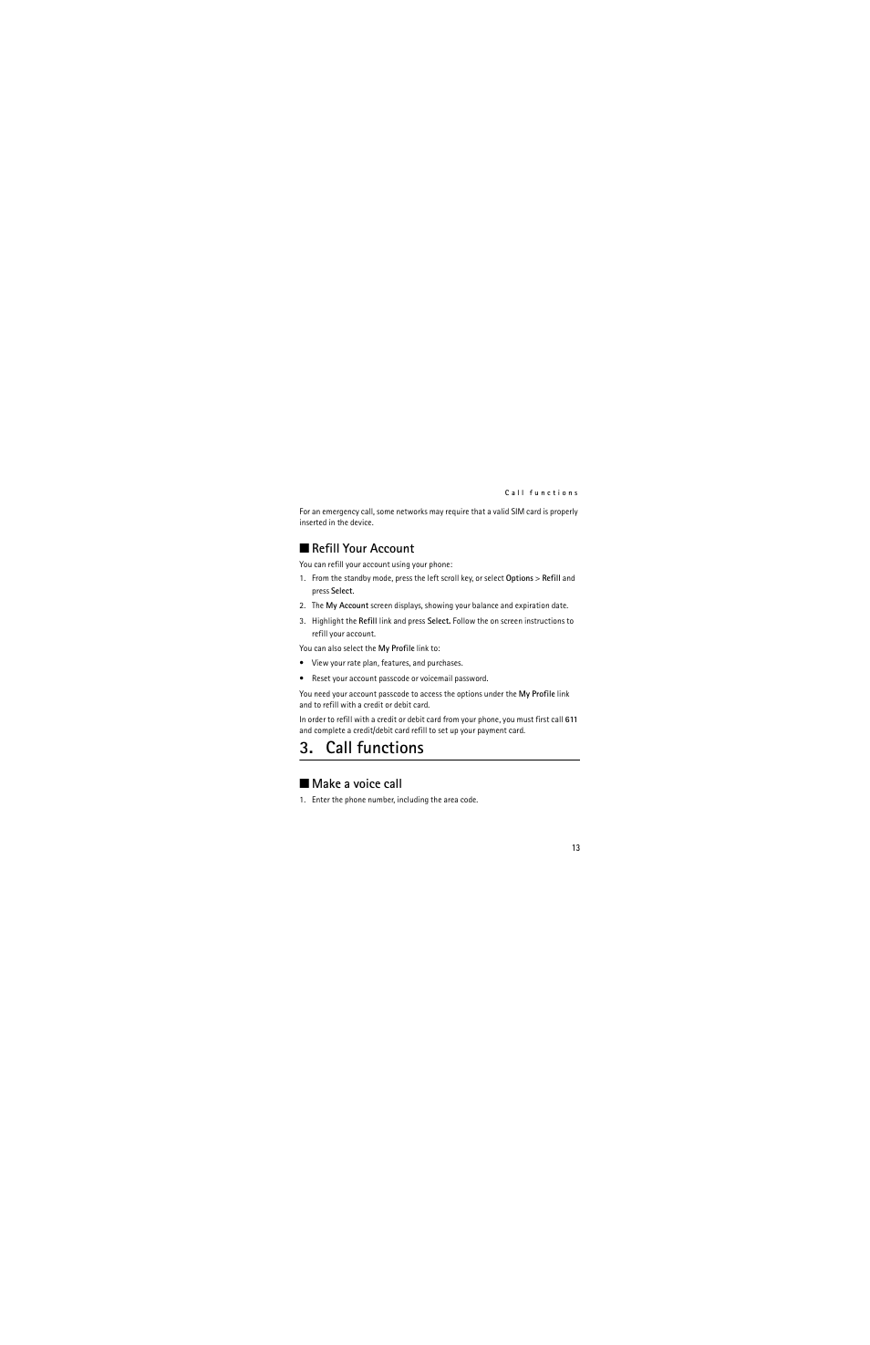 Refill your account, Call functions, Make a voice call | Nokia 2320 User Manual | Page 13 / 112