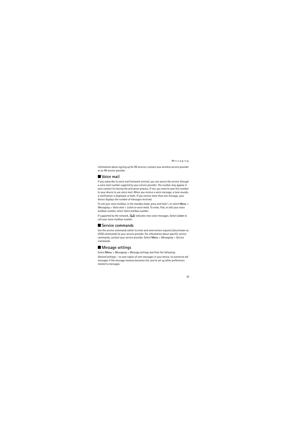 Voice mail, Service commands, Message settings | Nokia 2320 User Manual | Page 21 / 112