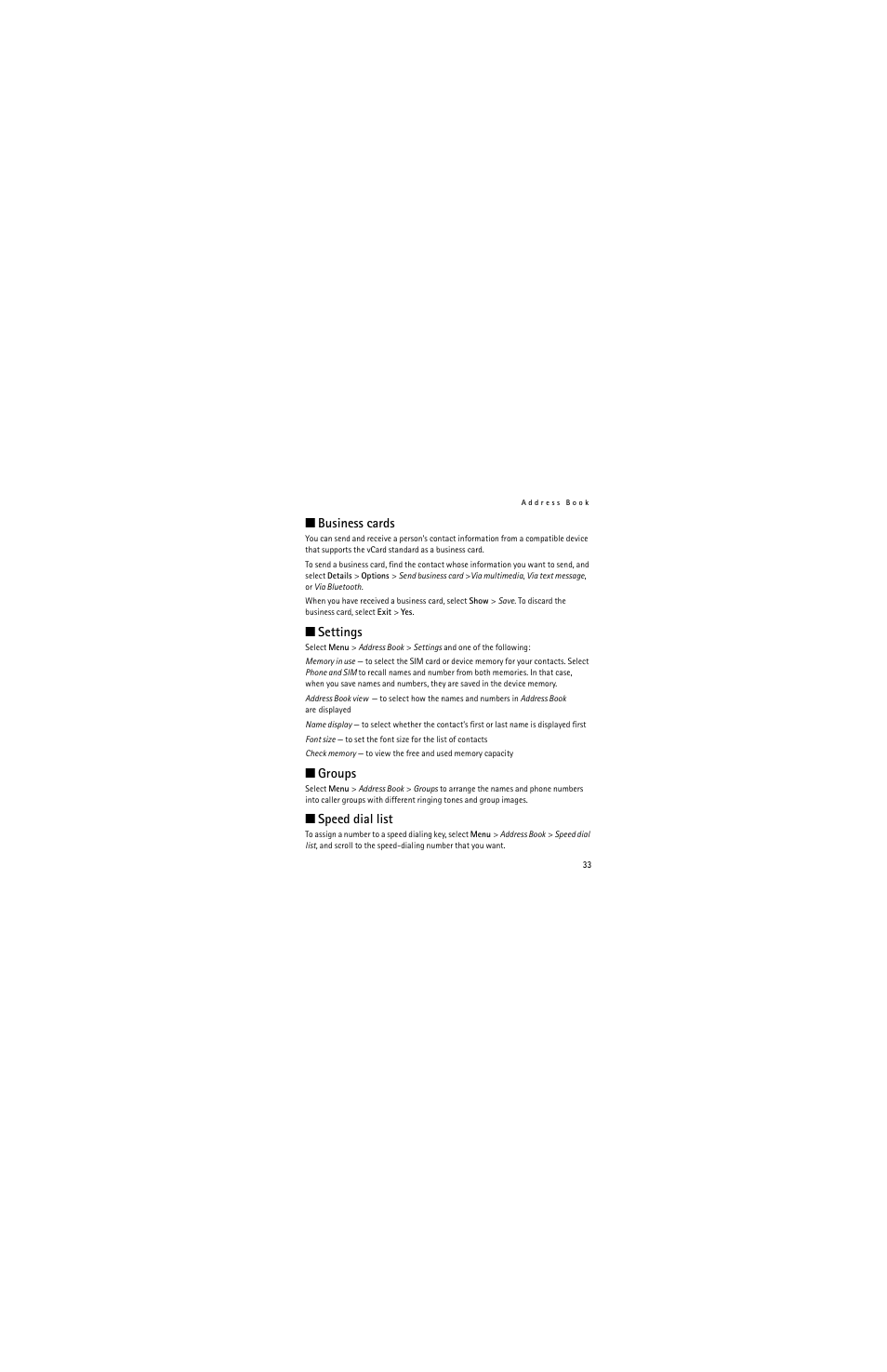 Business cards, Settings, Groups | Speed dial list | Nokia 2320 User Manual | Page 33 / 112