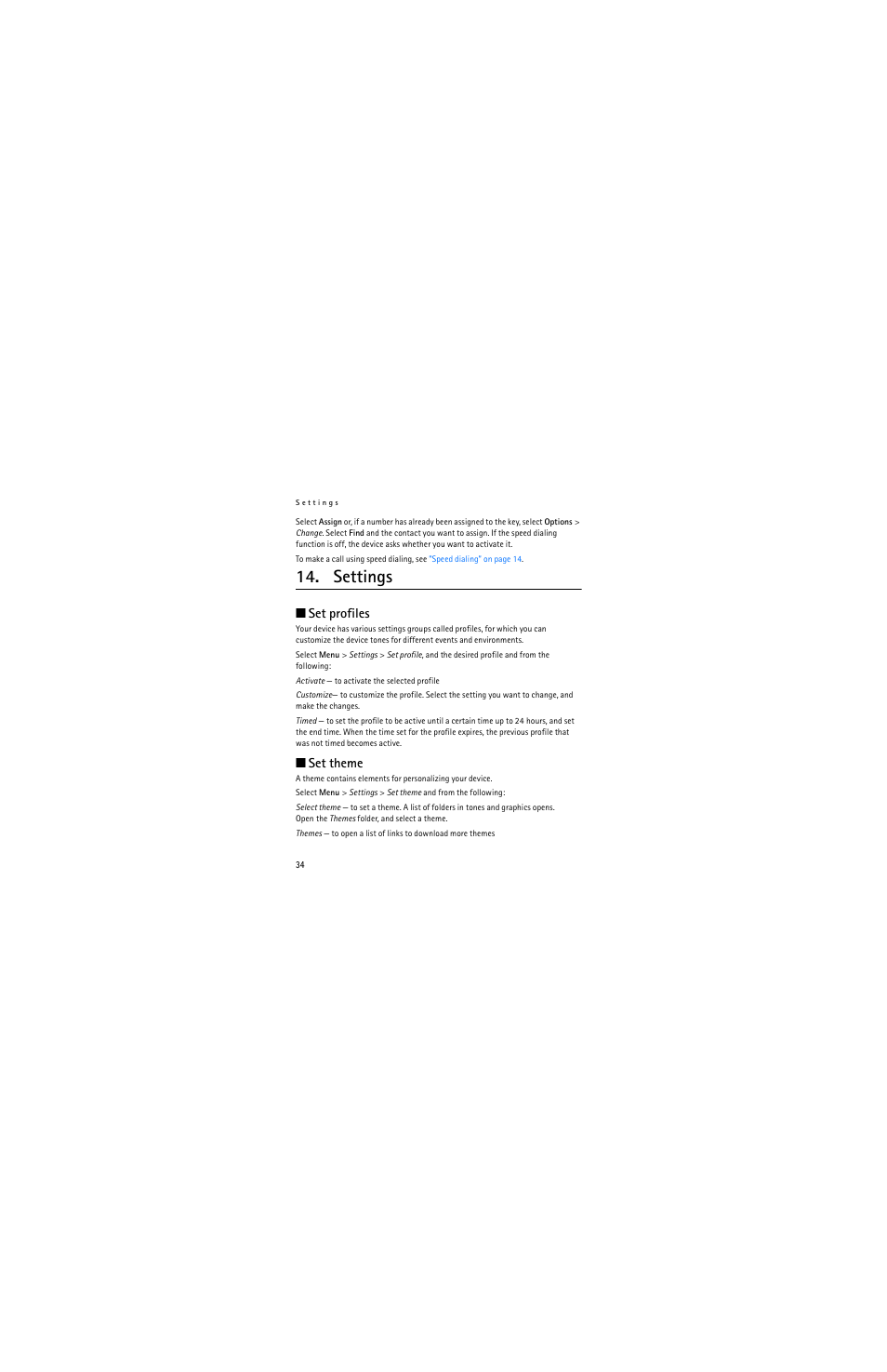 Settings, Set profiles, Set theme | Nokia 2320 User Manual | Page 34 / 112