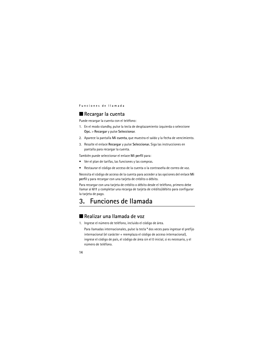 Recargar la cuenta, Funciones de llamada, Realizar una llamada de voz | Nokia 2320 User Manual | Page 67 / 112