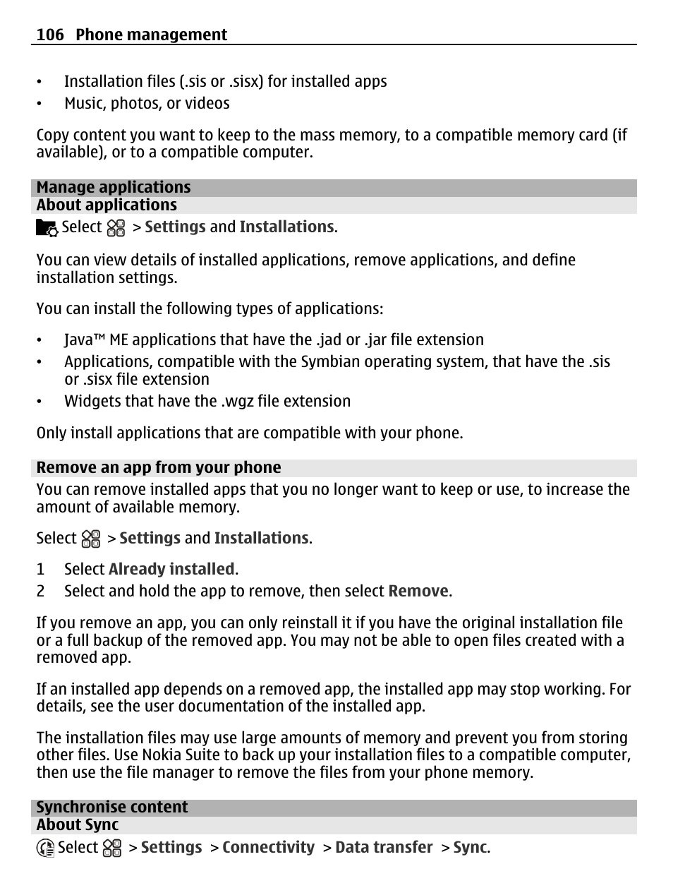 Manage applications, About applications, Remove an app from your phone | Synchronise content, About sync | Nokia N8-00 User Manual | Page 106 / 145