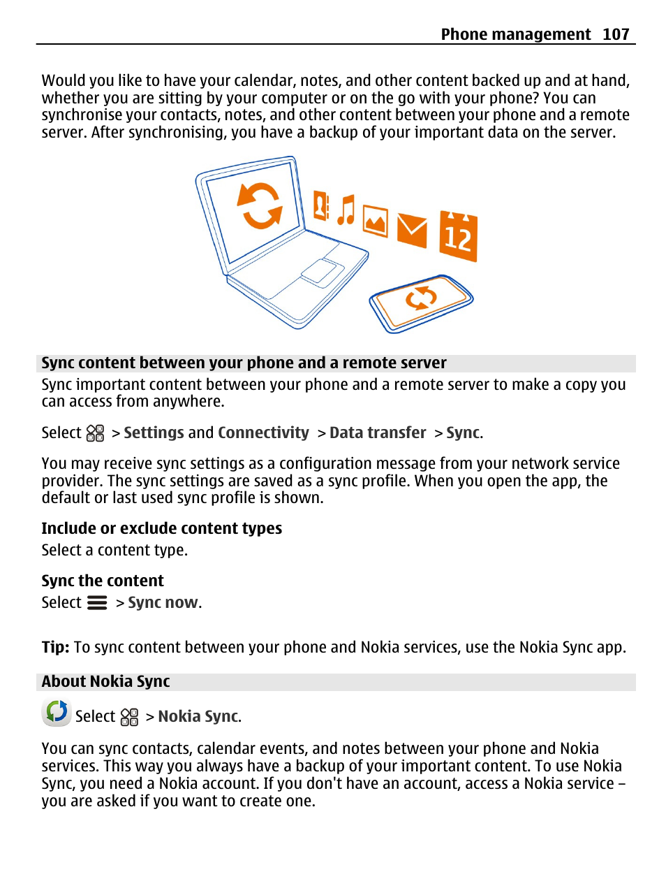 About nokia sync | Nokia N8-00 User Manual | Page 107 / 145