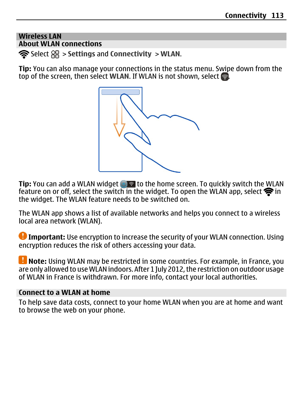 Wireless lan, About wlan connections, Connect to a wlan at home | Nokia N8-00 User Manual | Page 113 / 145