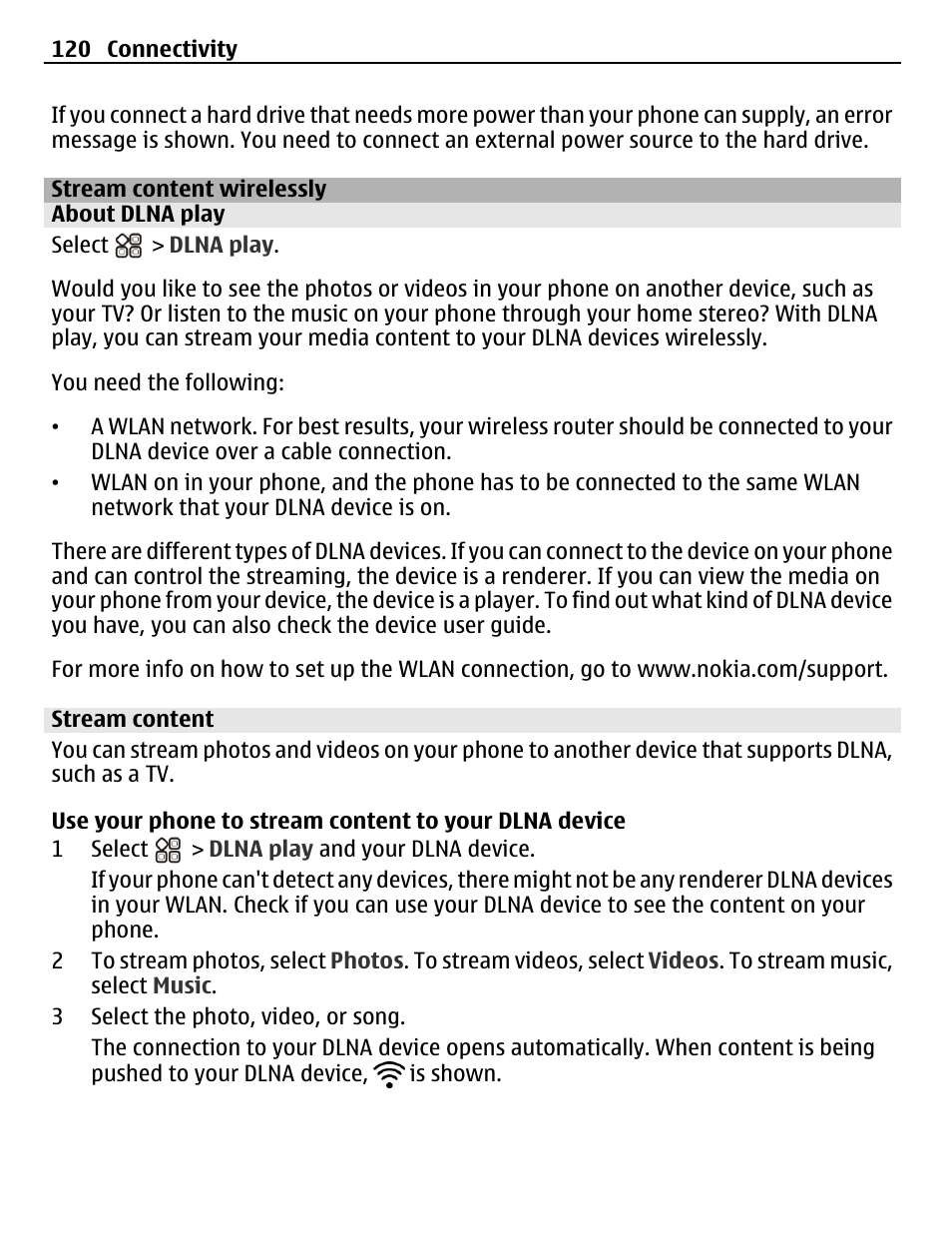 Stream content wirelessly, About dlna play, Stream content | Nokia N8-00 User Manual | Page 120 / 145