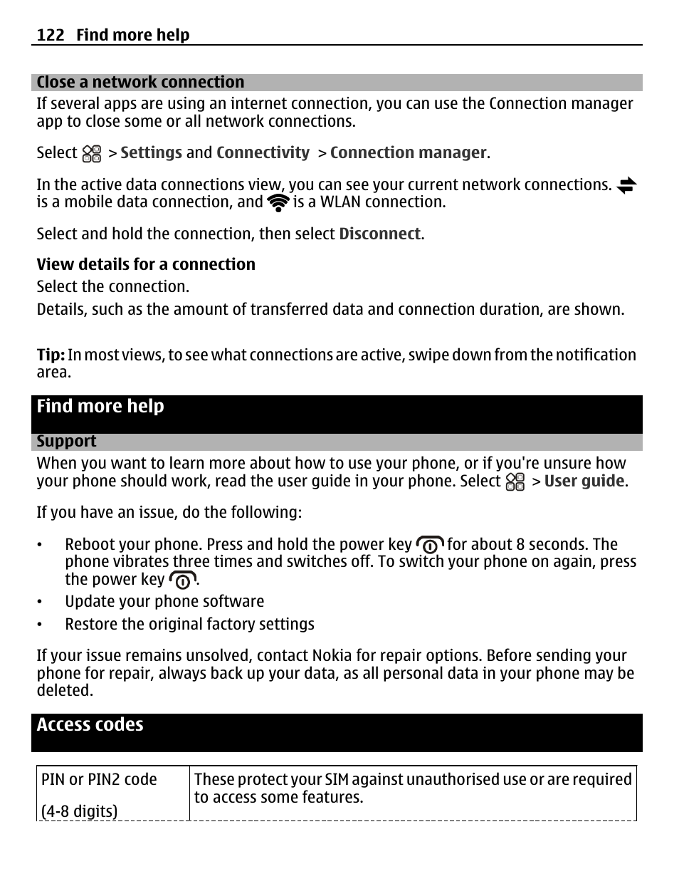 Close a network connection, Find more help, Support | Access codes | Nokia N8-00 User Manual | Page 122 / 145