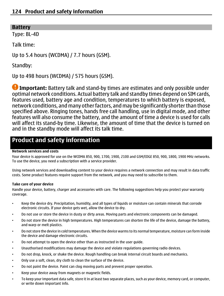 Battery, Product and safety information, Network services and costs | Take care of your device, 124 product and safety information | Nokia N8-00 User Manual | Page 124 / 145