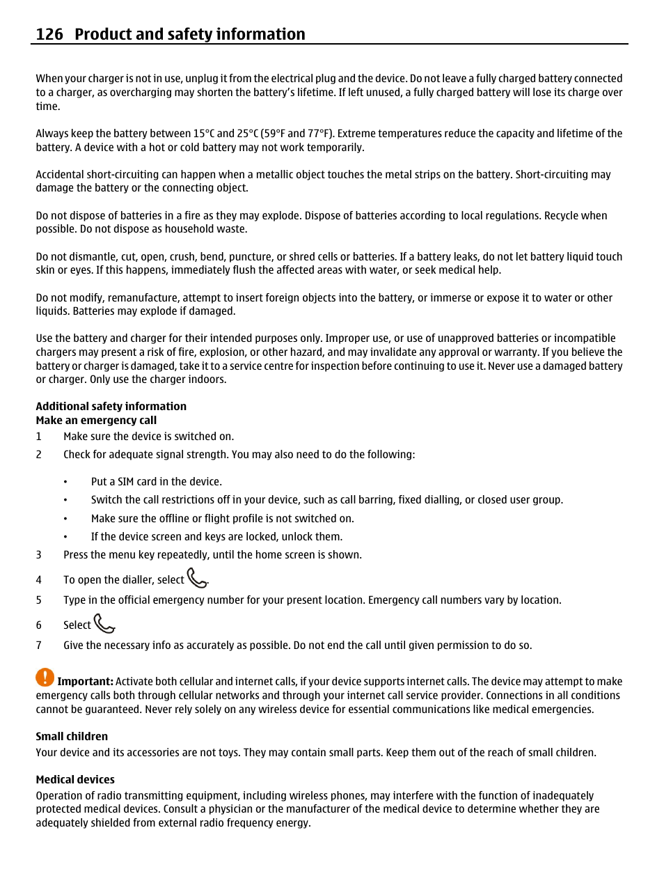 Additional safety information, Make an emergency call, Small children | Medical devices, 126 product and safety information | Nokia N8-00 User Manual | Page 126 / 145