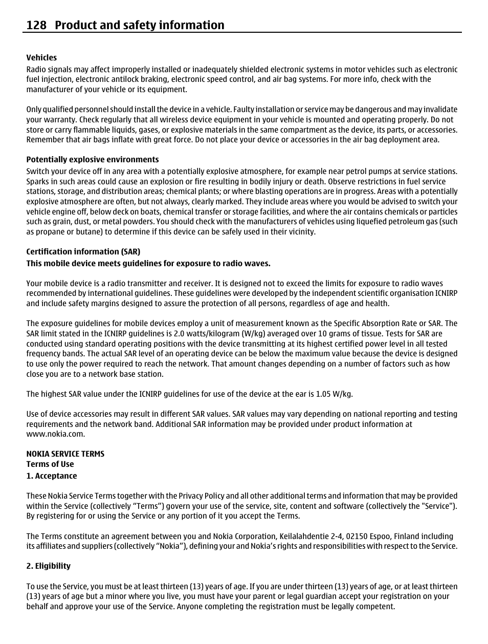 Vehicles, Potentially explosive environments, Certification information (sar) | Nokia service terms, Terms of use, 128 product and safety information | Nokia N8-00 User Manual | Page 128 / 145