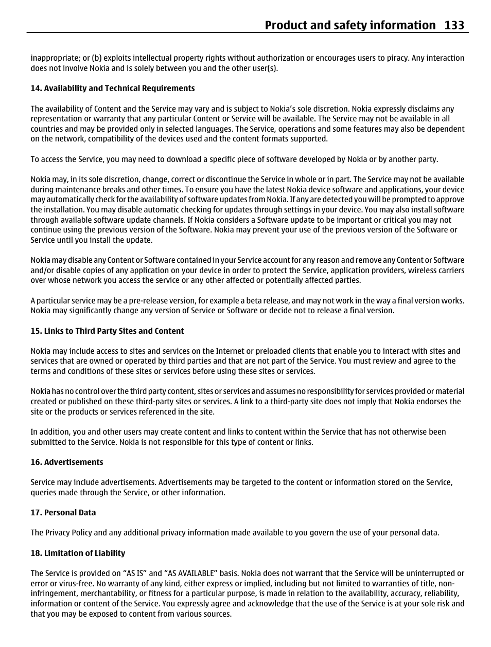 Product and safety information 133 | Nokia N8-00 User Manual | Page 133 / 145