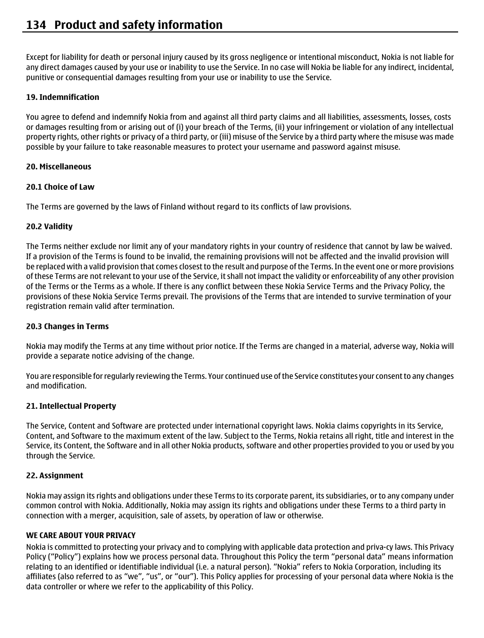 We care about your privacy, 134 product and safety information | Nokia N8-00 User Manual | Page 134 / 145