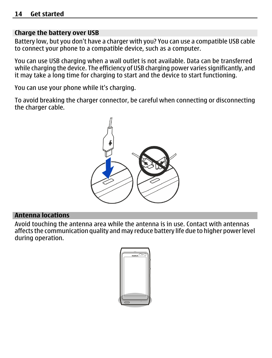 Charge the battery over usb, Antenna locations | Nokia N8-00 User Manual | Page 14 / 145