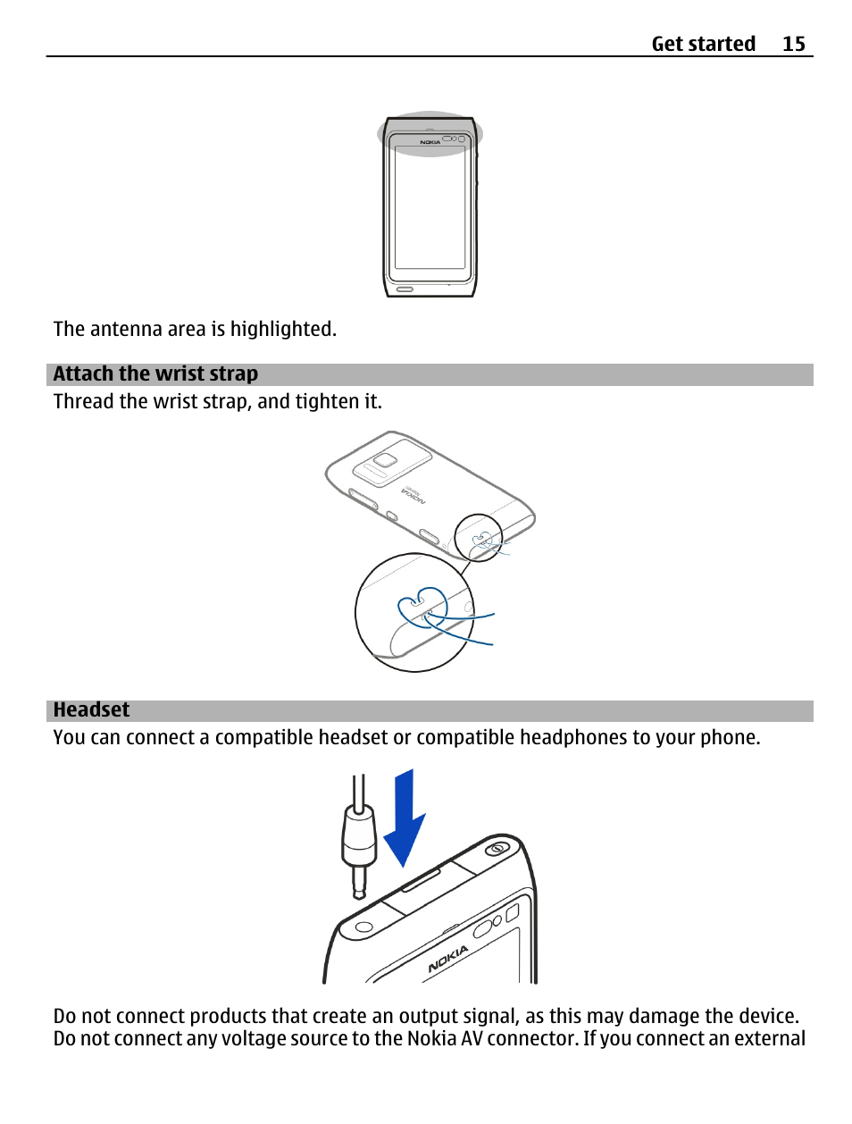 Attach the wrist strap, Headset | Nokia N8-00 User Manual | Page 15 / 145