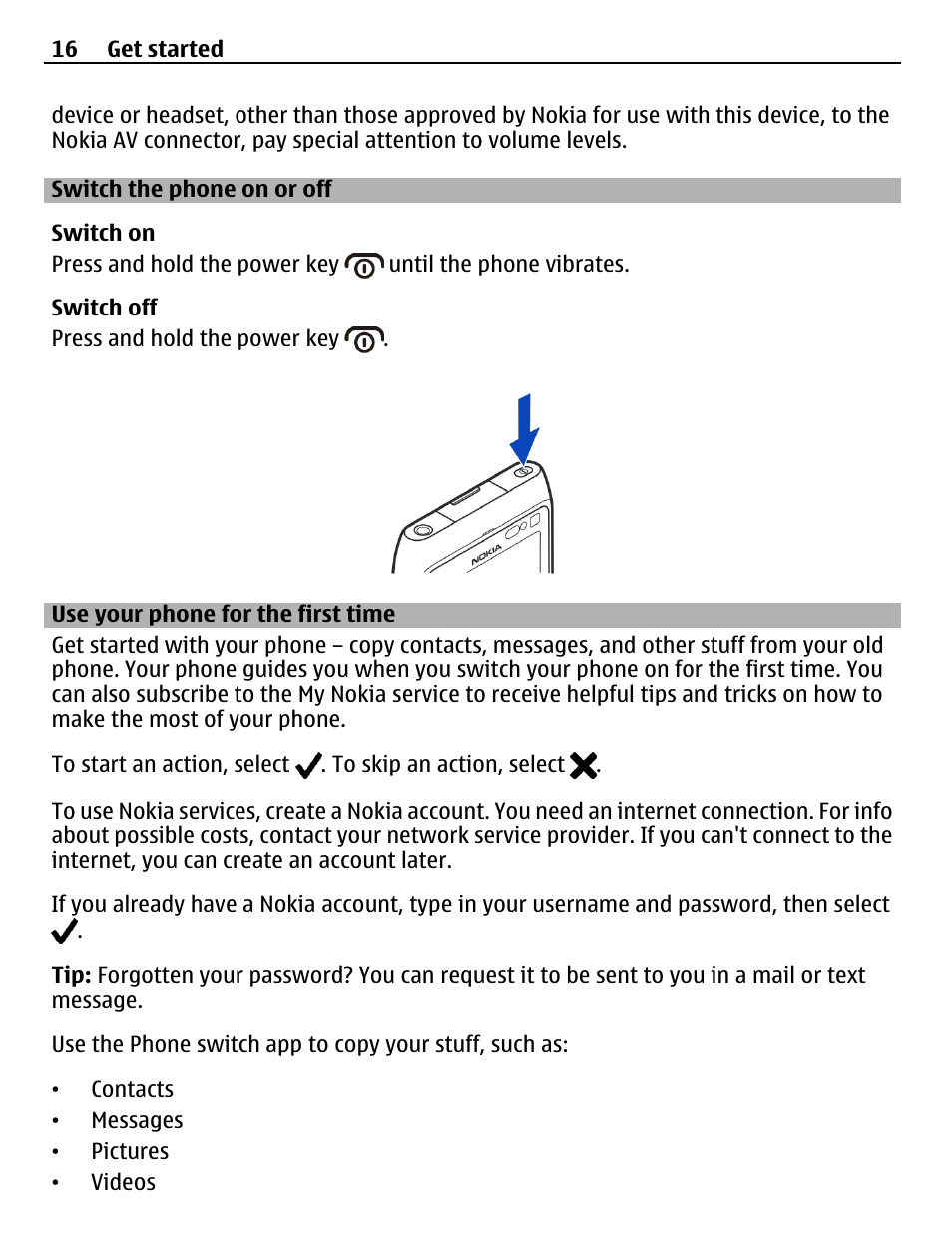 Switch the phone on or off, Use your phone for the first time | Nokia N8-00 User Manual | Page 16 / 145