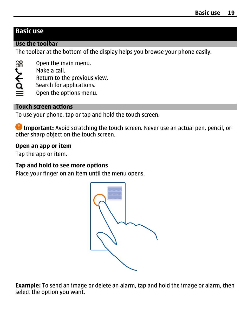 Basic use, Use the toolbar, Touch screen actions | Nokia N8-00 User Manual | Page 19 / 145