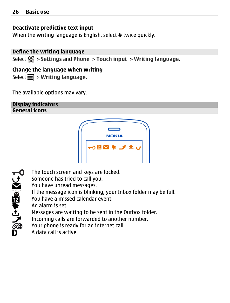 Define the writing language, Display indicators, General icons | Nokia N8-00 User Manual | Page 26 / 145