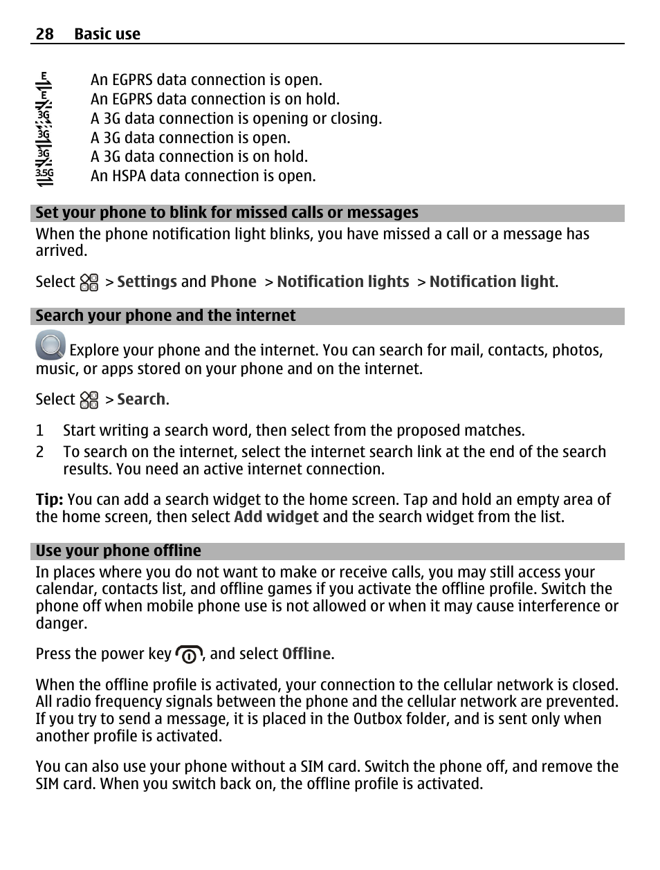 Search your phone and the internet, Use your phone offline, Set your phone to blink for missed calls | Or messages, Search your phone and the internet 28 | Nokia N8-00 User Manual | Page 28 / 145