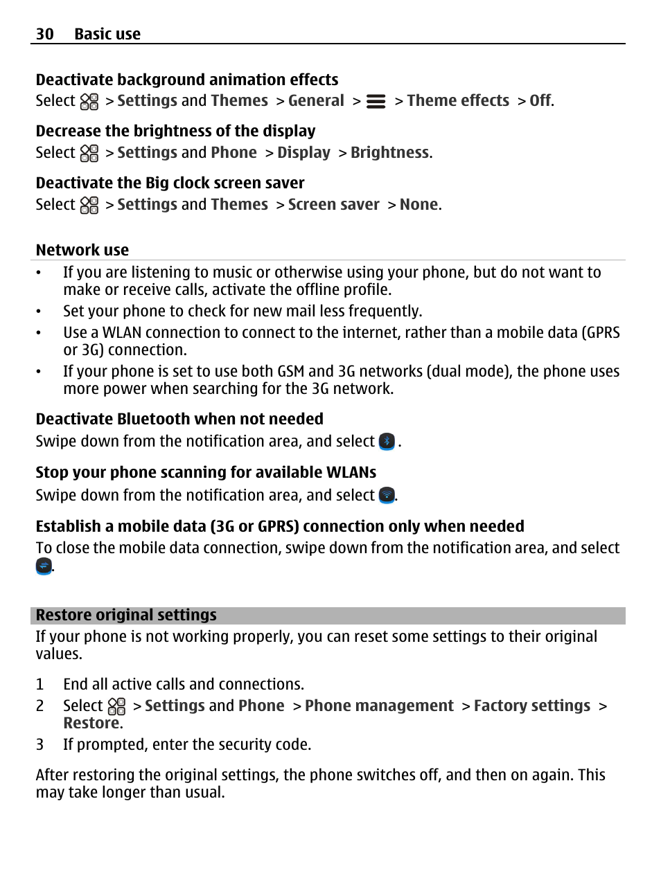 Restore original settings | Nokia N8-00 User Manual | Page 30 / 145