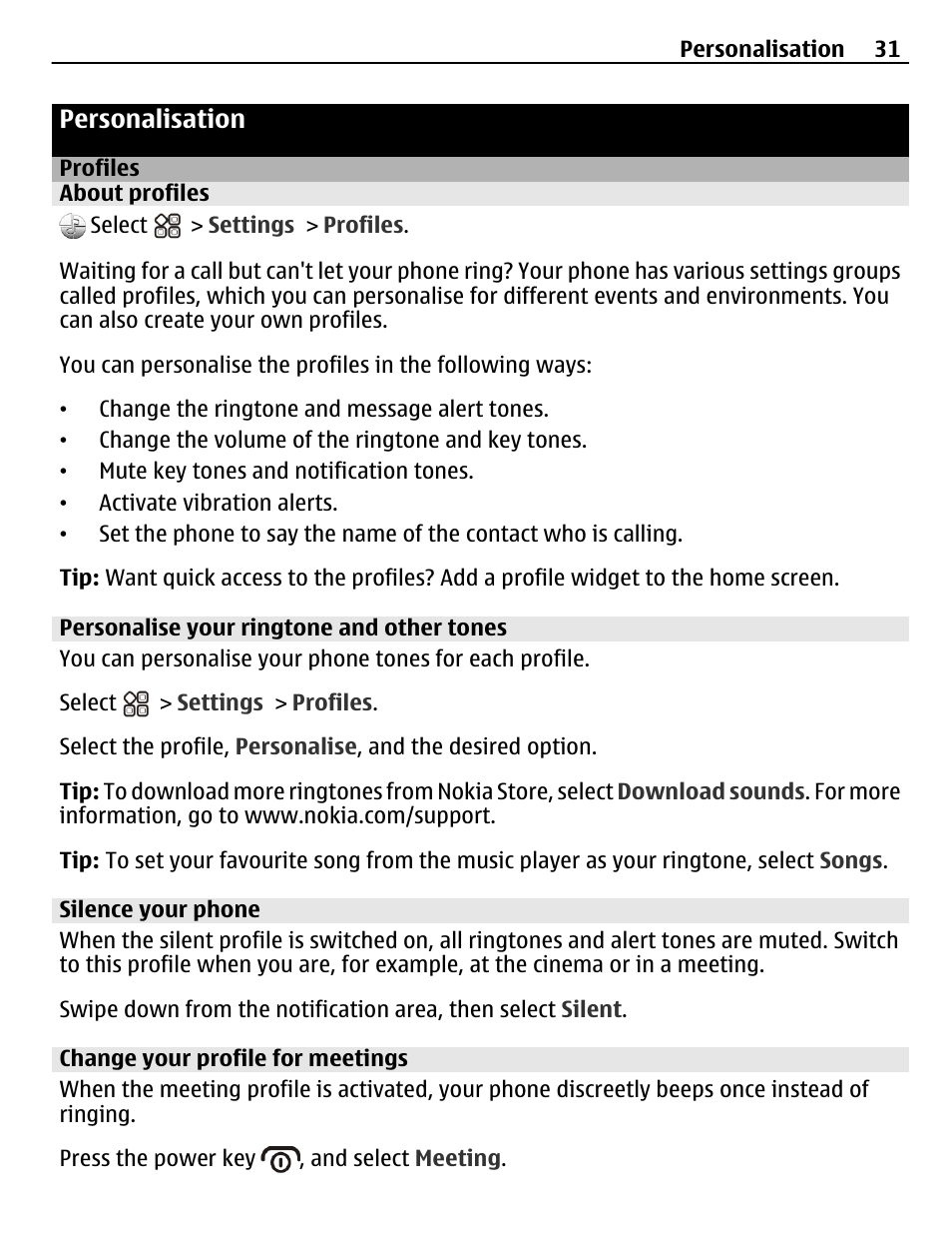 Personalisation, Profiles, About profiles | Personalise your ringtone and other tones, Silence your phone, Change your profile for meetings | Nokia N8-00 User Manual | Page 31 / 145