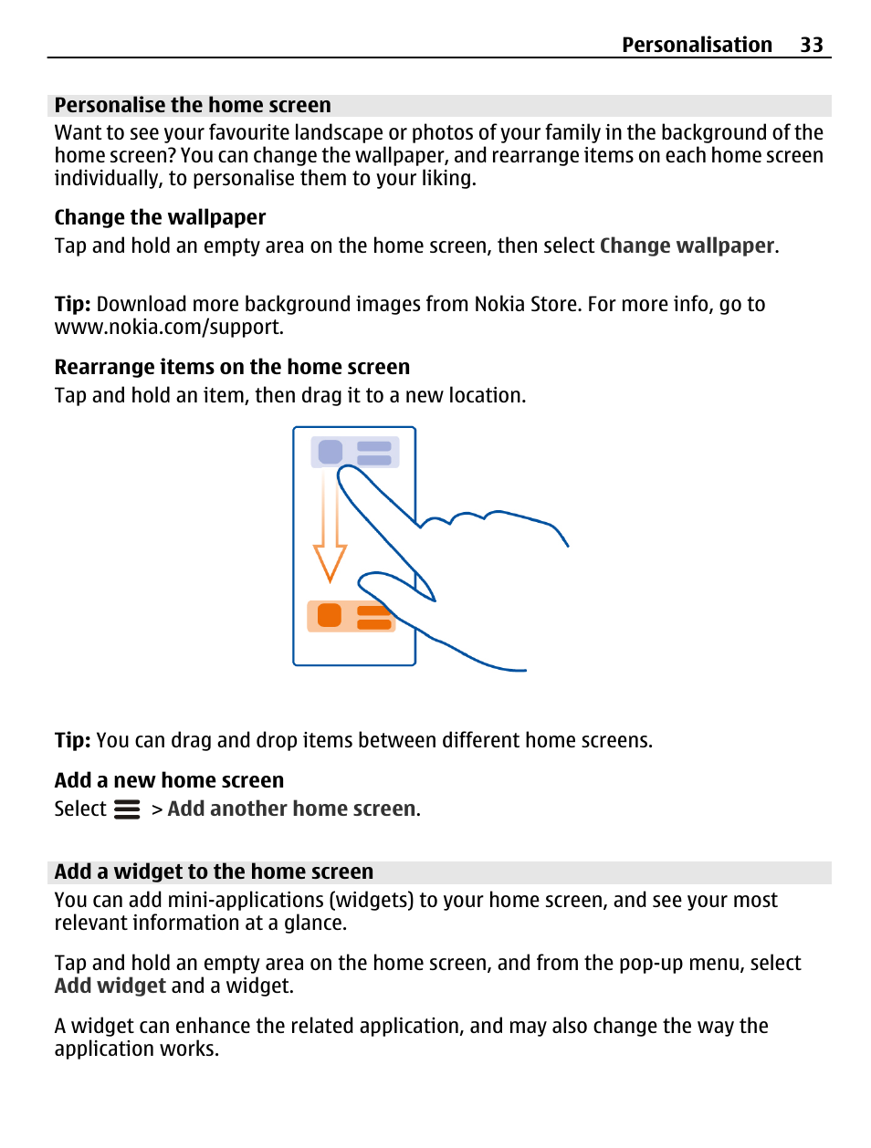 Personalise the home screen, Add a widget to the home screen | Nokia N8-00 User Manual | Page 33 / 145